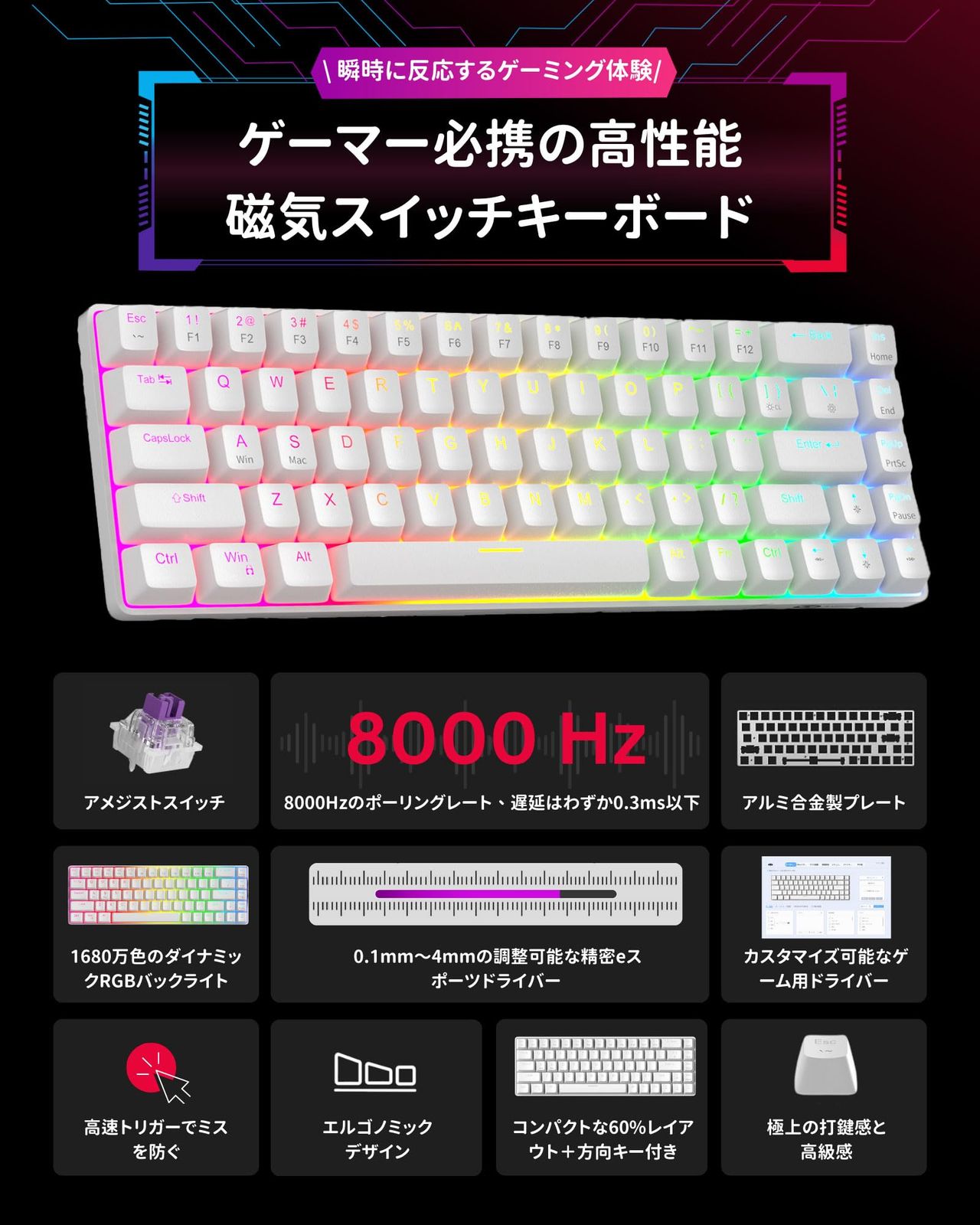 MageGee ラピッドトリガー キーボード 68キー 英語配列 有線 RGB 60 サイズ ゲーミングキーボード 磁気スイッチ メカニカルゲーミングキーボード 超高速1.4 mm作動 8000 Hzポーリングレート対応