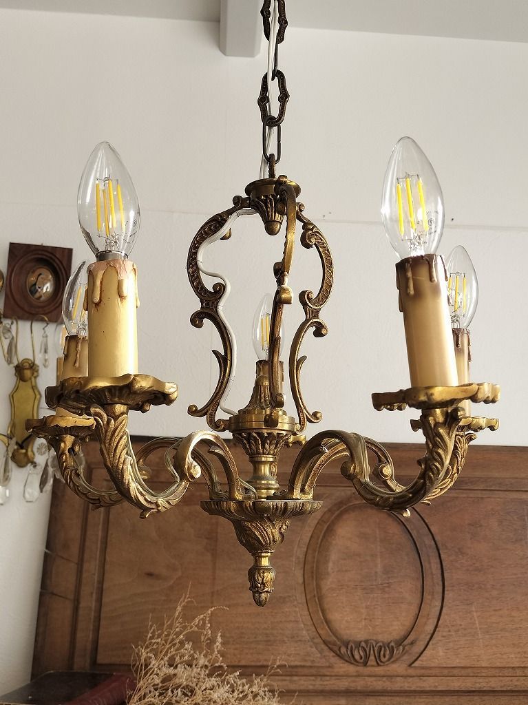 フランス アンティーク ブロンズ ケージ 装飾 シャンデリア 5灯 照明