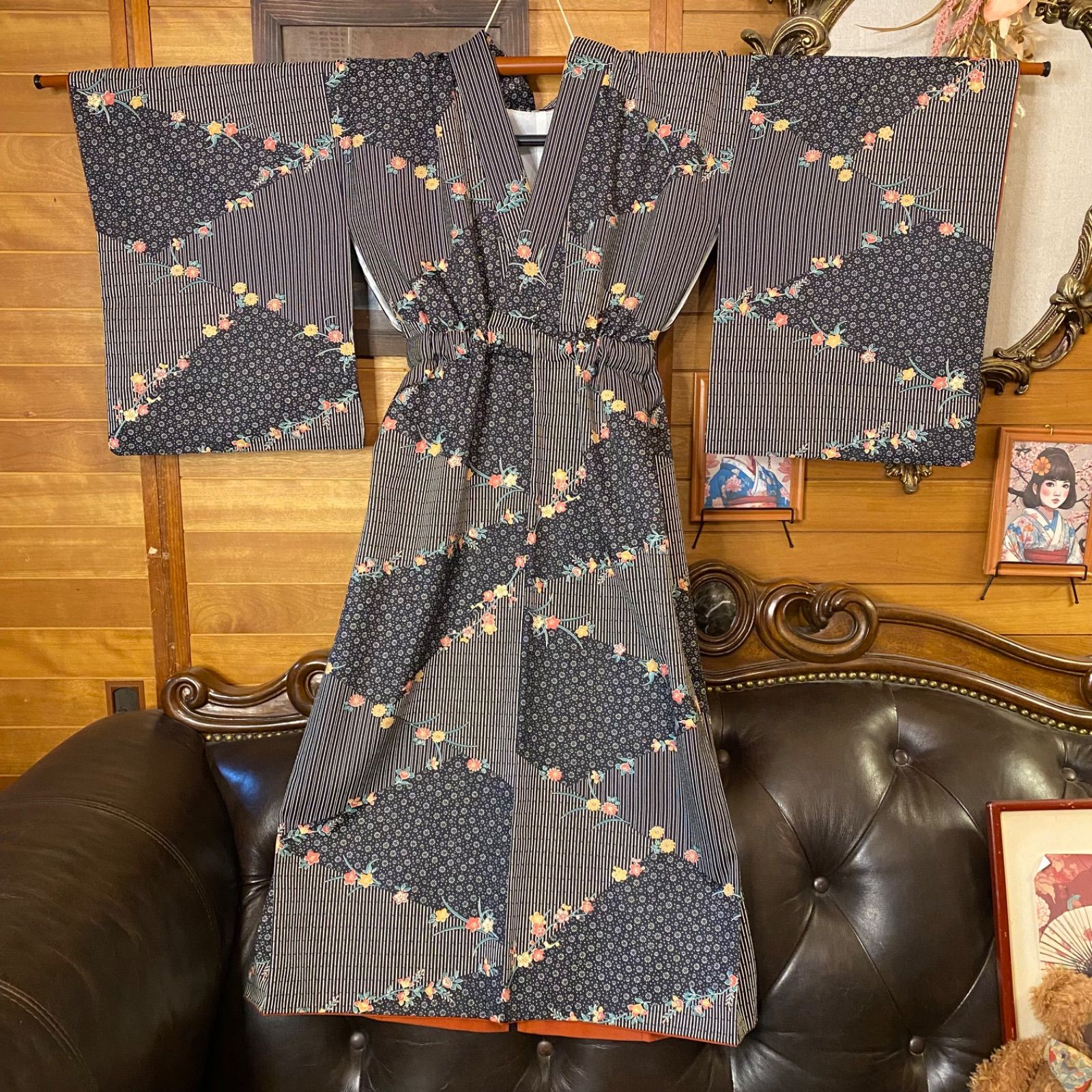 着物リメイク セミロング ワンピース ドレス 洗える 化繊 帯サッシュ