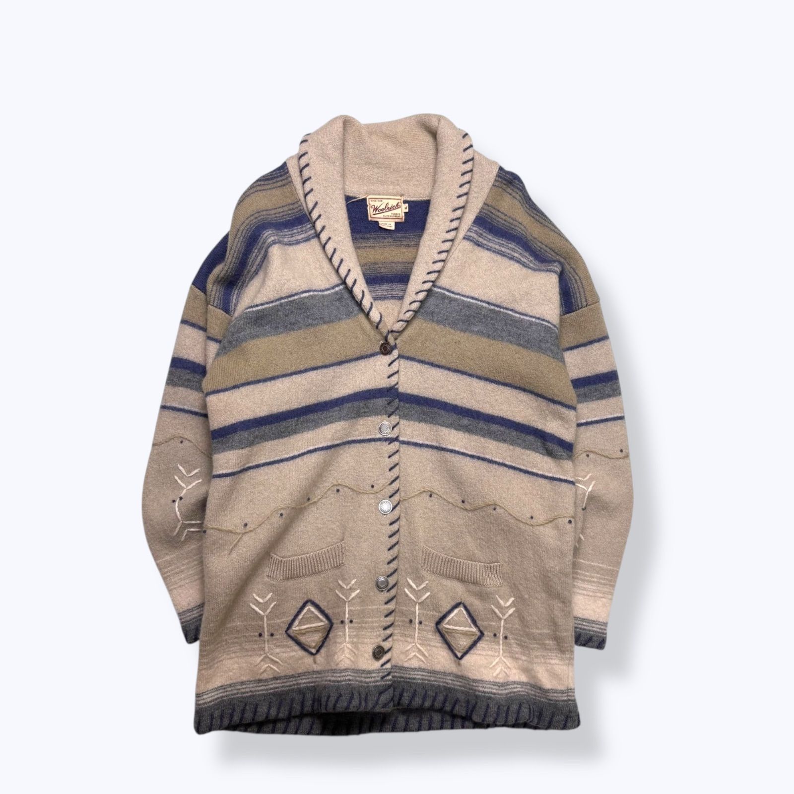 Rare】 90s Woolrich Multi Border Shawl Collar Cardigan 【XL】 90