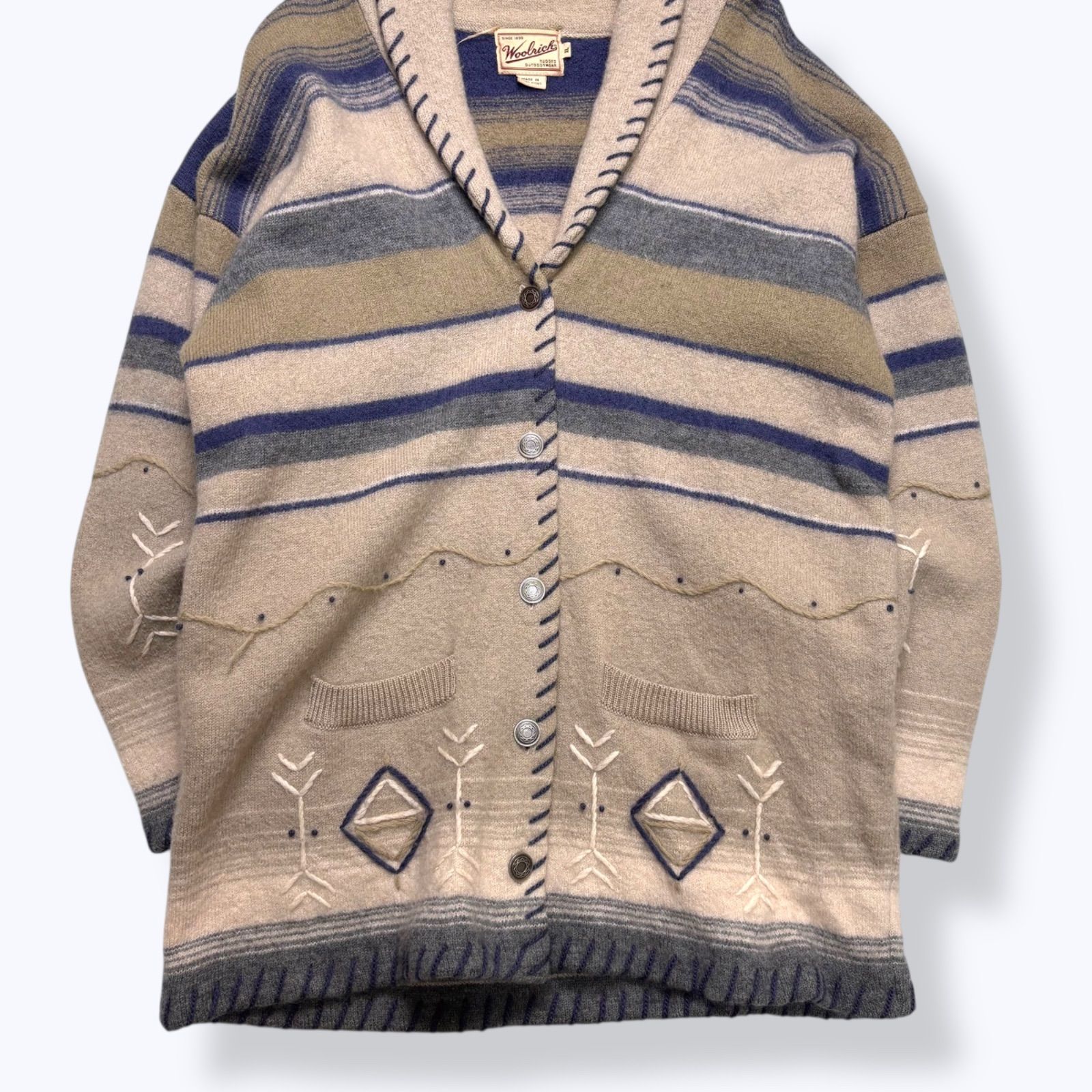Rare】 90s Woolrich Multi Border Shawl Collar Cardigan 【XL】 90