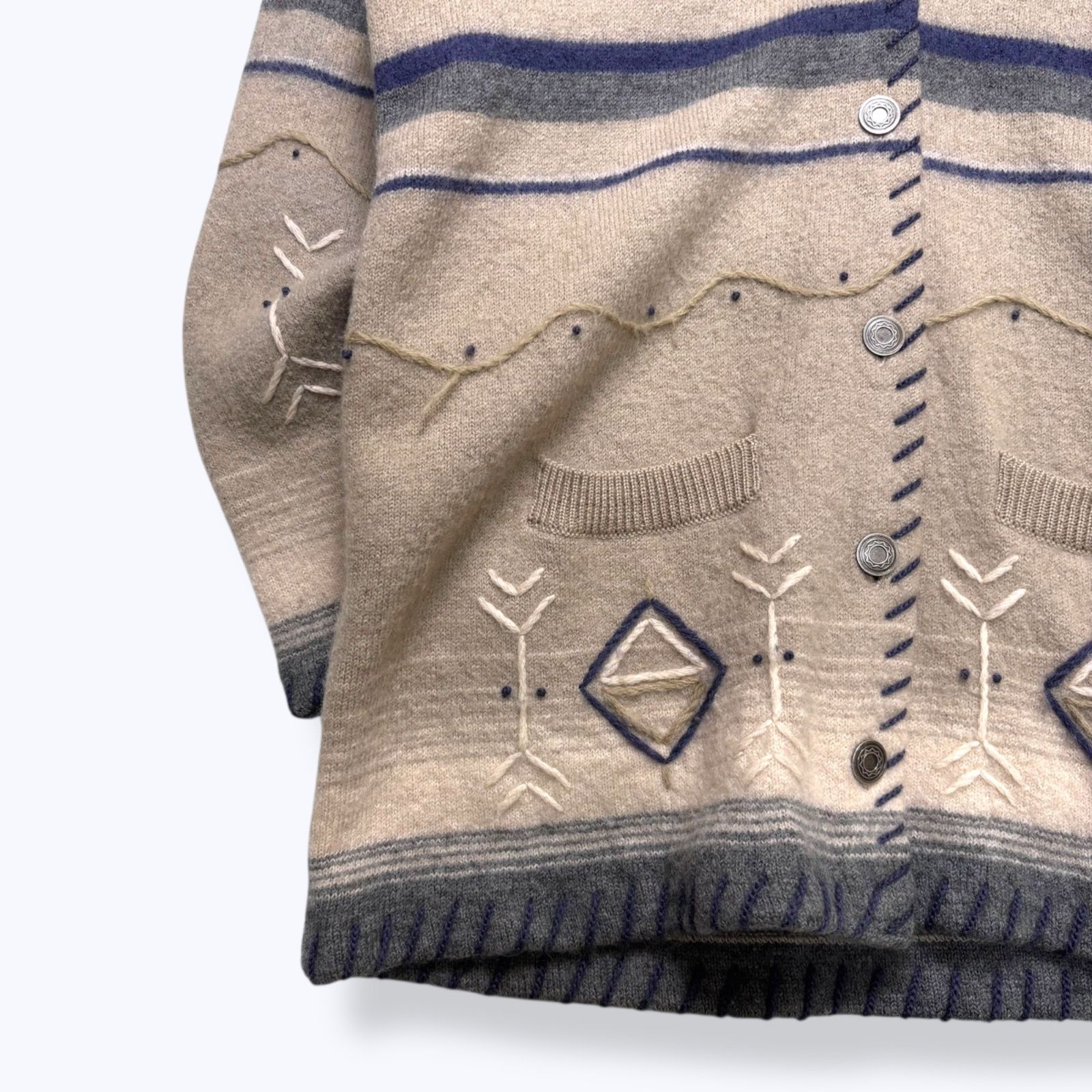 未使用に近い WOOLRICH カーディガン グレー イタリア製 ボーダー Rare】 90s Woolrich Multi Border Shawl Collar Cardigan 【XL】 90