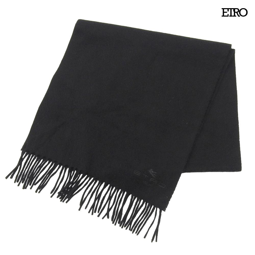 超 エトロ ETRO Y 2 K ヴィンテージ ペガサス刺繍 フリンジ マフラー ストール アーカイブ カシミヤ 140 35 cm 黒 メンズ レディース