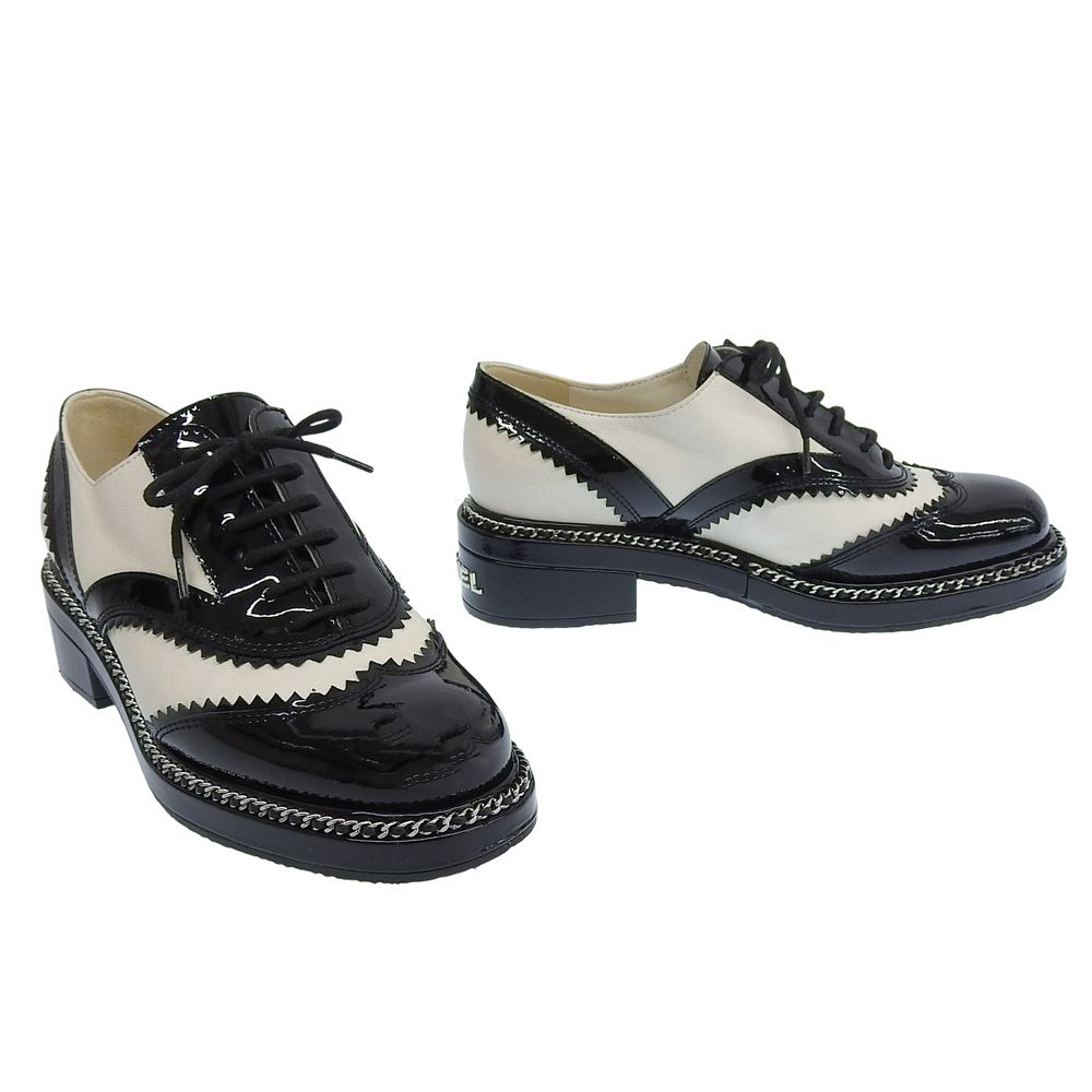 超 シャネル CHANEL 2020年商品 G 35316 パテントレザー ラムレザー チェーン ウイングチップ ドレスシューズ 37 23 cm レディース