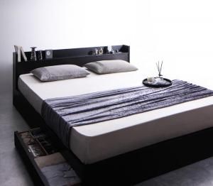 ポイント14倍 12 5 棚 コンセント付収納ベッド 国産カバーポケットコイルマットレス付き クイーン Q 1