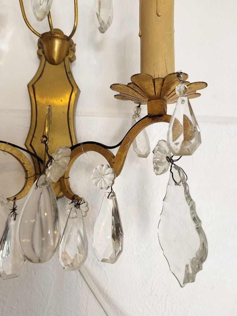 フランス アンティーク 壁かけ ランプ ガラスドロップ付き 2灯