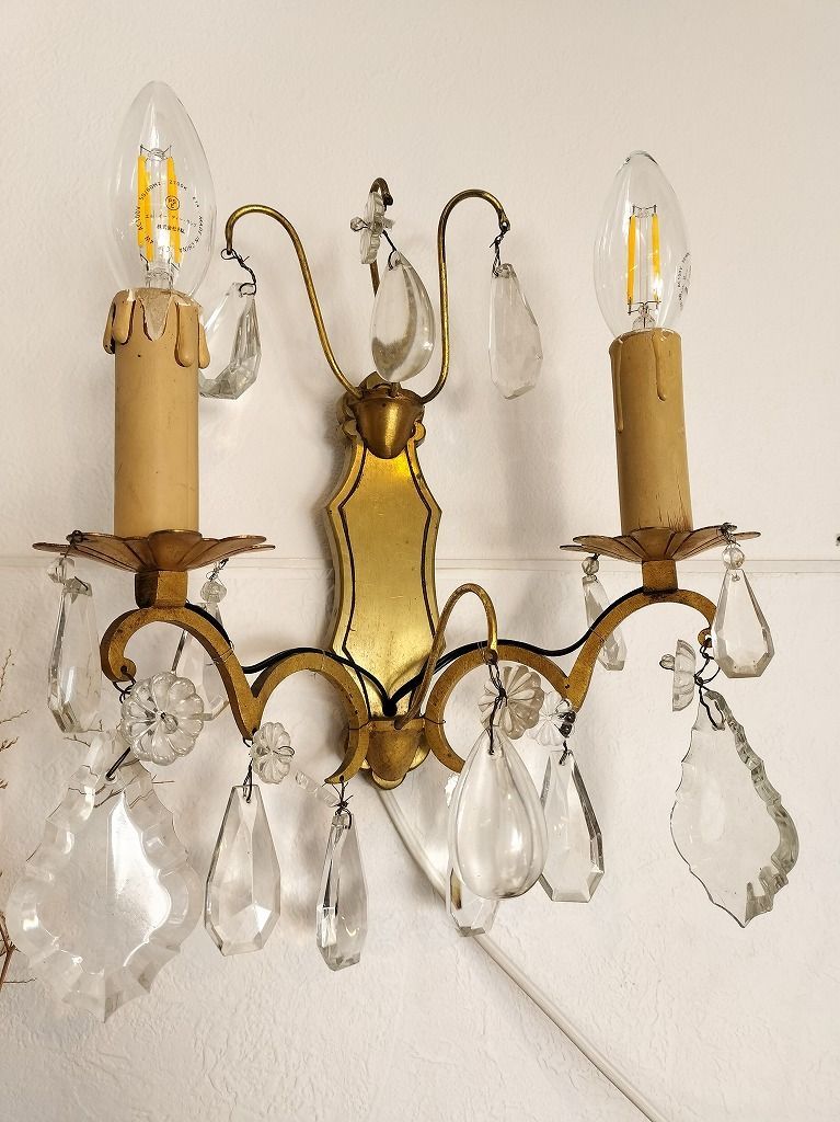 フランス アンティーク 壁かけ ランプ ガラスドロップ付き 2灯