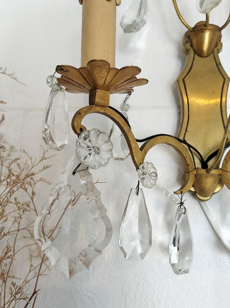 フランス アンティーク 壁かけ ランプ ガラスドロップ付き 2灯