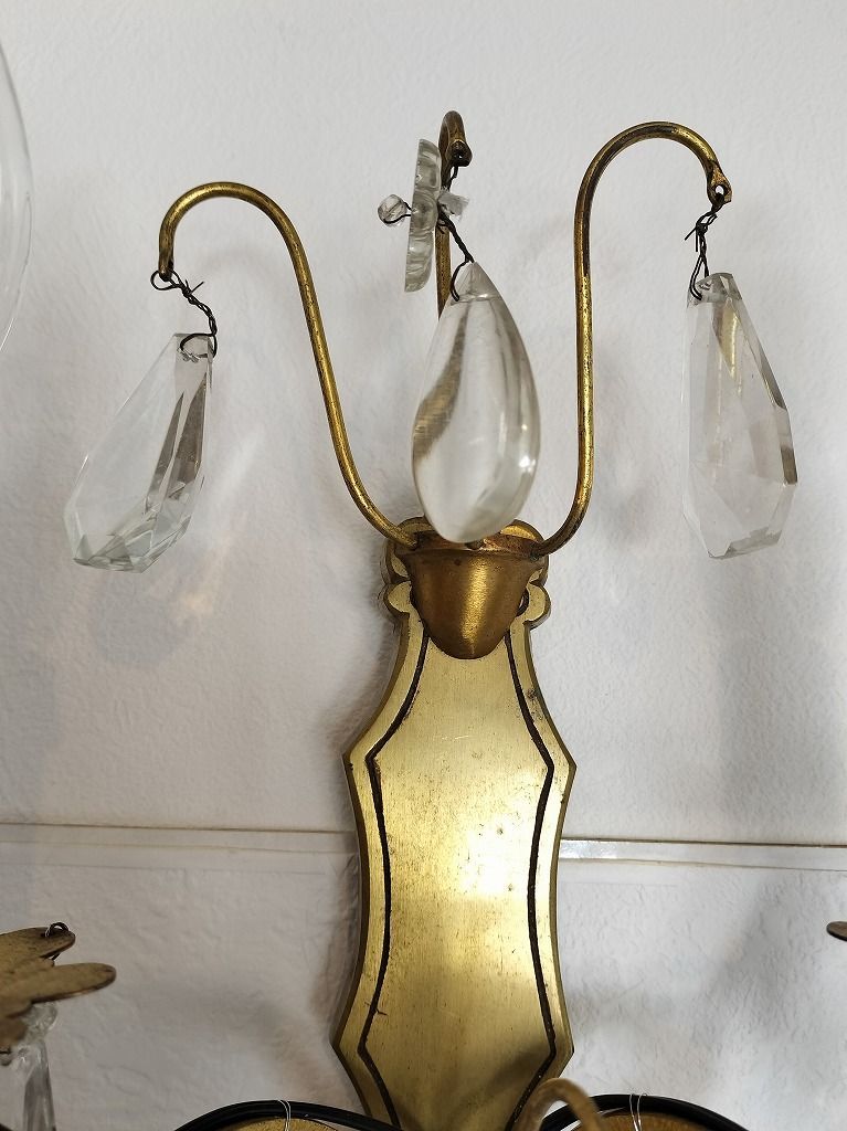 フランス アンティーク 壁かけ ランプ ガラスドロップ付き 2灯