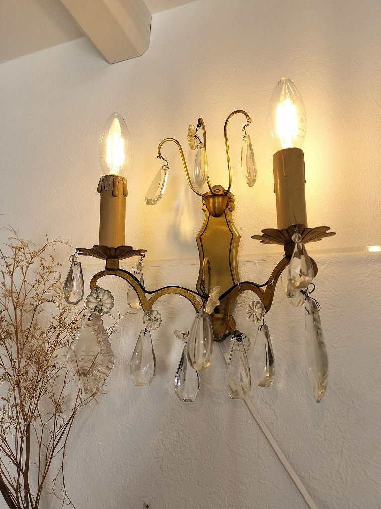 【美品】フランスアンティーク クリスタルドロップ 2灯ブラケット[3026] フランス アンティーク 壁かけ ランプ ガラスドロップ付き 2灯