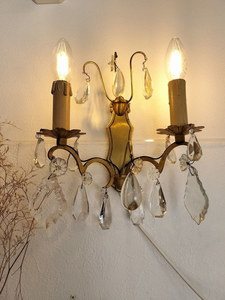 【美品】フランスアンティーク クリスタルドロップ 2灯ブラケット[3026] フランス アンティーク 壁かけ ランプ ガラスドロップ付き 2灯