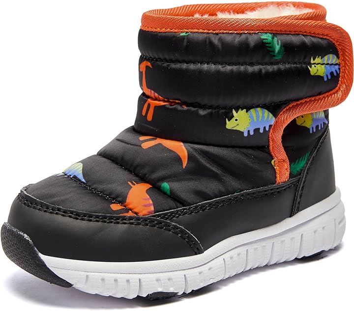 MAYCY スノーブーツ キッズ ウインターブーツ ベビー 女の子 男の子 スノーシューズ 子供 雪遊び アウトドア 冬用 靴 雪用 裏ボア 防水 防寒 滑り止め 軽量 (04恐竜ブラック，  14.0 cm 3E)