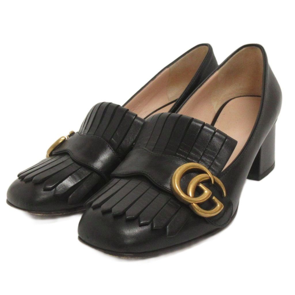 グッチ GUCCI マーモント パンプス フリンジ GGロゴ レザー チャンキー