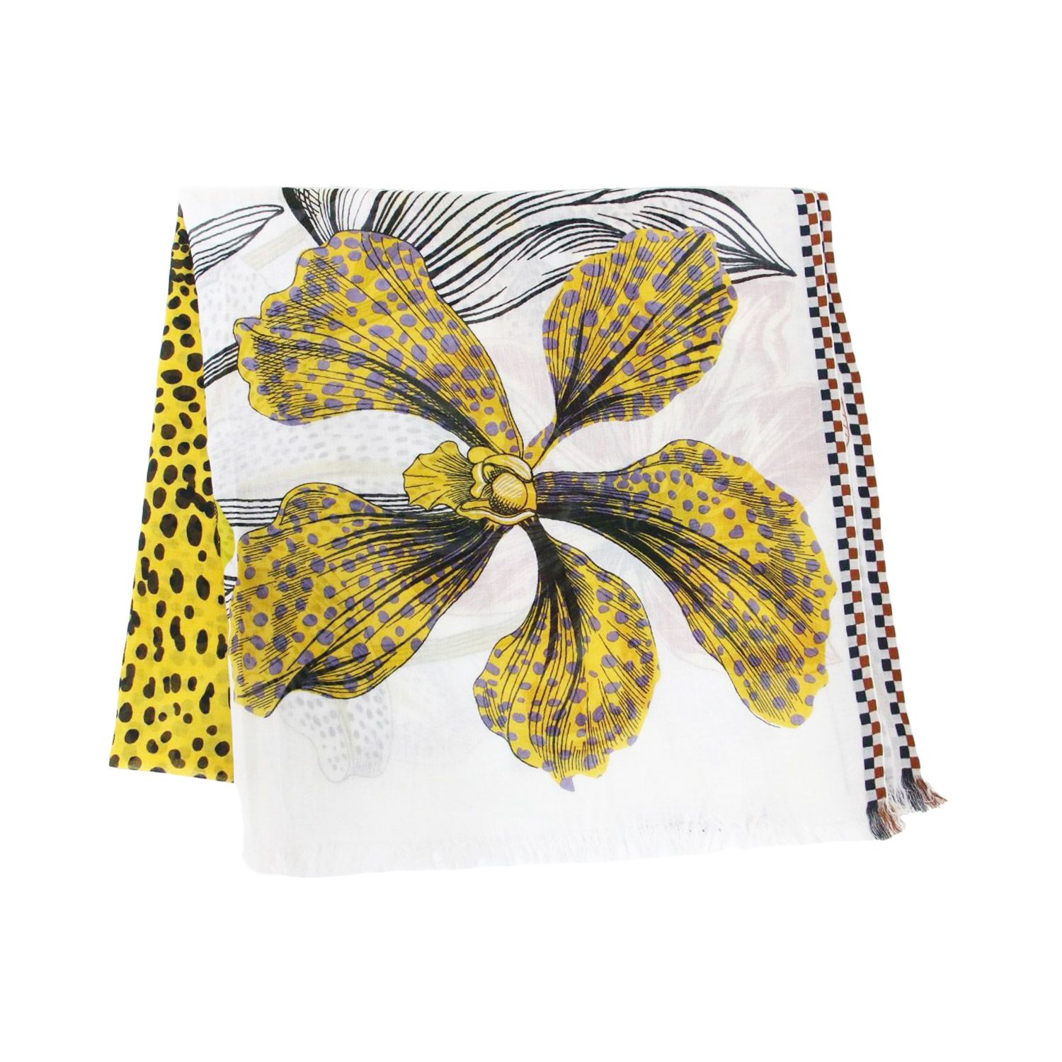INOUI EDITIONS イヌイエディションズ ストール | レオパード プリント コットン ストール / スカーフ | 大判 フリンジ 薄手 フラワー アニマル | ホワイト イエロー系 | ファッション アイテム 小物【レディース】【K4655】 INOUI EDITIONS イヌイエディションズ ストール | レオパード プリント