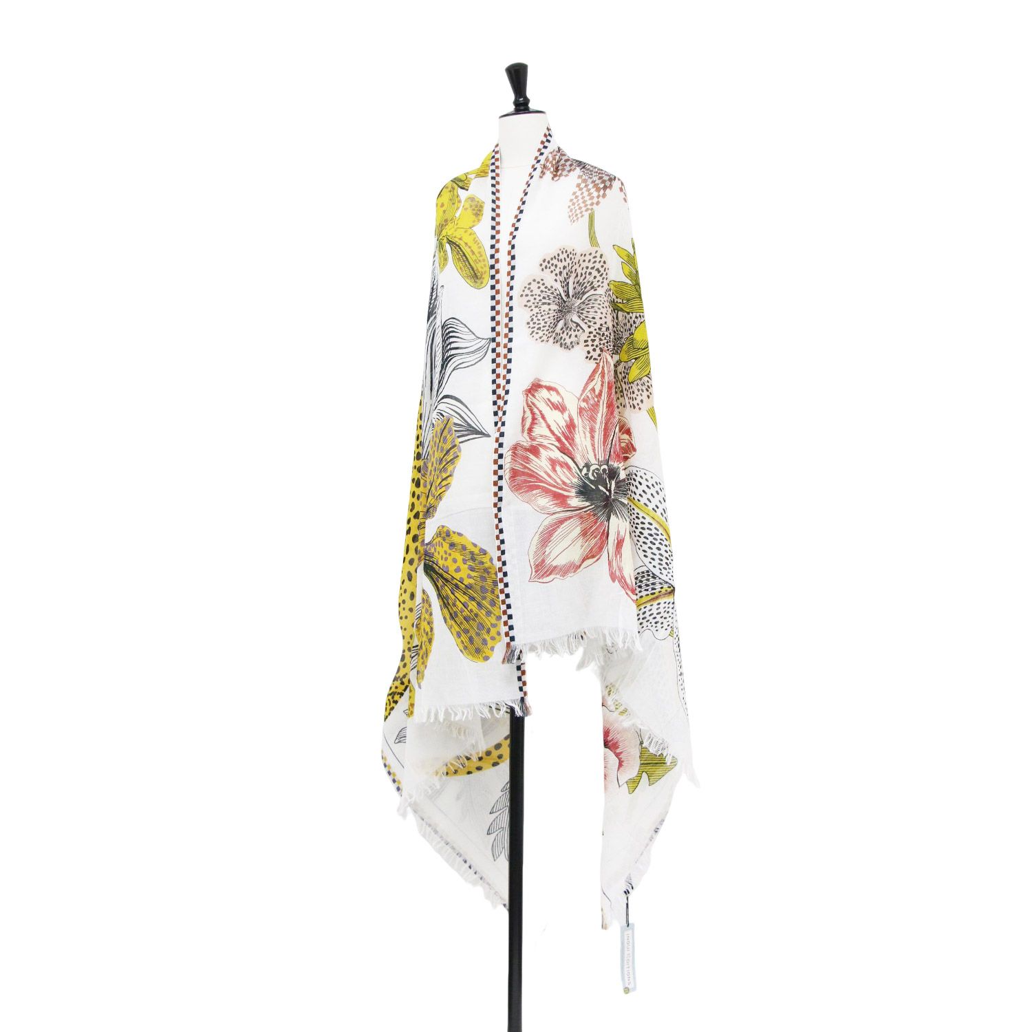 INOUI EDITIONS イヌイエディションズ ストール | レオパード プリント コットン ストール / スカーフ | 大判 フリンジ 薄手 フラワー アニマル | ホワイト イエロー系 | ファッション アイテム 小物【レディース】【K4655】 INOUI EDITIONS イヌイエディションズ ストール | レオパード プリント