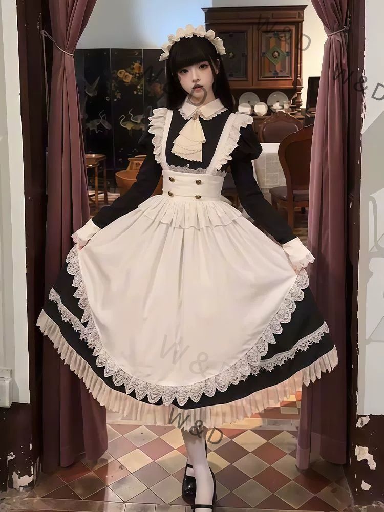 ゴシックロリータ メイドドレス ロングスリーブ エプロン 豪華 エレガント ダーク姫 アンデッドエレガンス コーデュロイ ベルベット 闇の館に佇む華麗なる従者を描いた 豪奢なゴシックメイドドレス