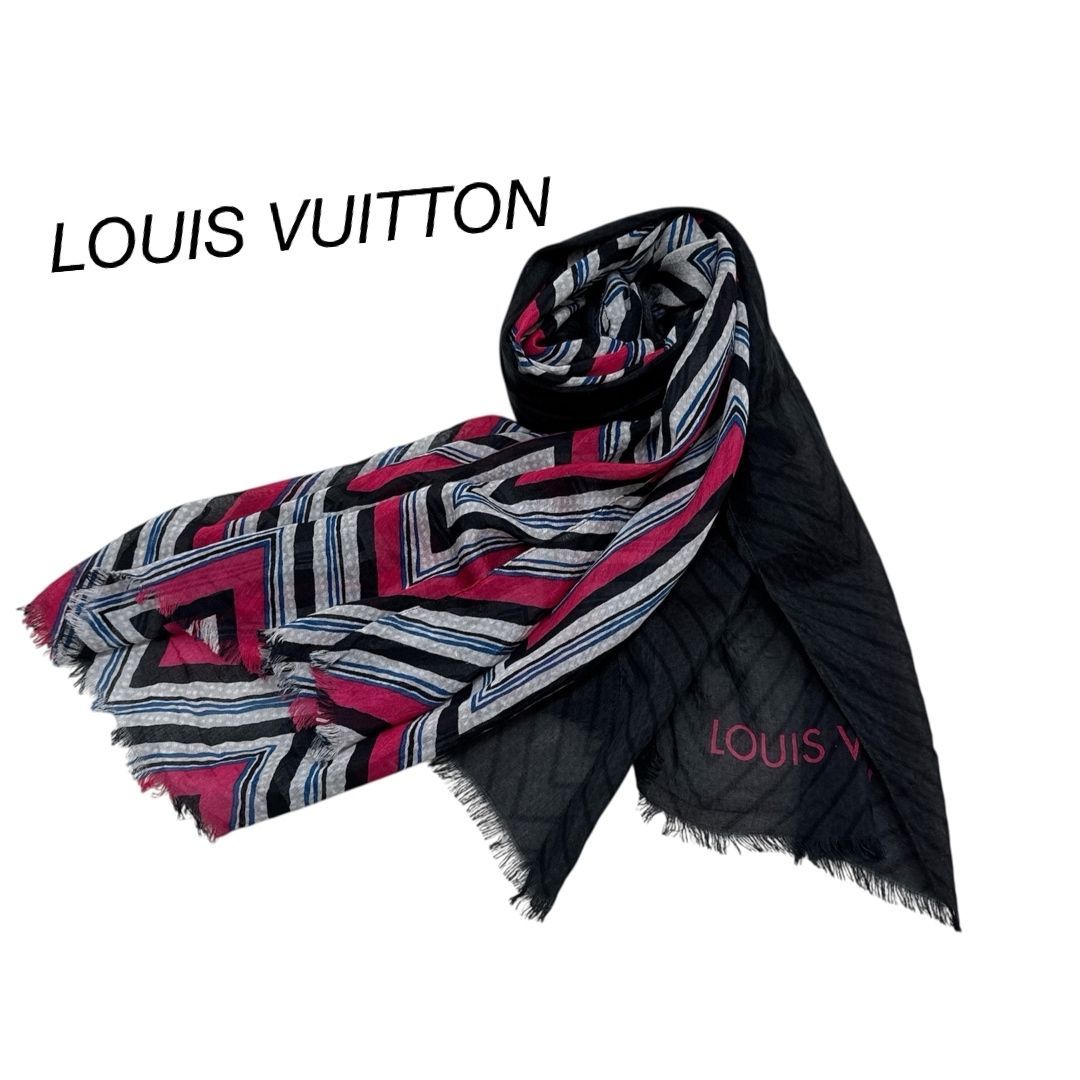 ルイヴィトン 大判ストール スカーフ 美品 極美品 ルイヴィトン 大判 スカーフ ショール ブラック系 マルチカラー