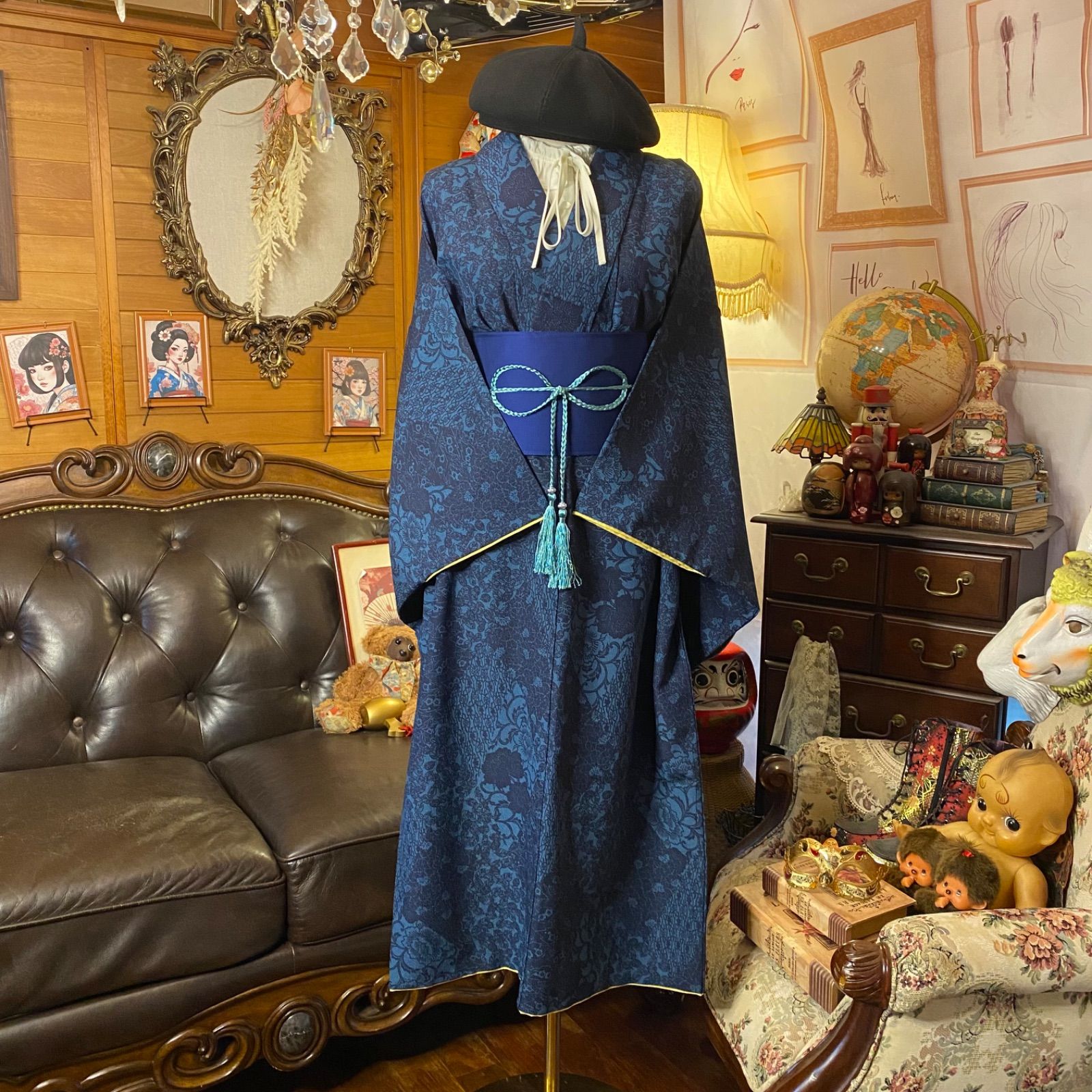 着物リメイク セミロングワンピース ドレス 洗える 化繊 帯サッシュベルト 和洋折衷 レトロ 古着 ハンドメイド 藍の静寂 KW-1178