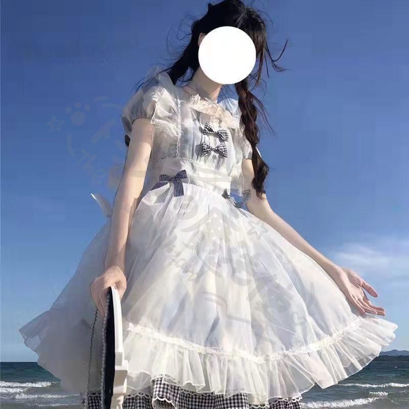 新年 用コスプレ衣装 現双LolitaブルーチェッJSKロリータドレ上品かわいフリリボンデザイ短袖トップス カバー付きスカート ヘアバン甘ロリ女子ファッショ大人
