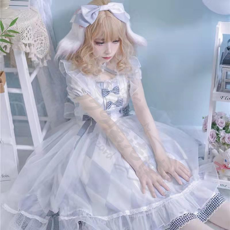 新年 用コスプレ衣装 現双LolitaブルーチェッJSKロリータドレ上品かわいフリリボンデザイ短袖トップス カバー付きスカート ヘアバン甘ロリ女子ファッショ大人