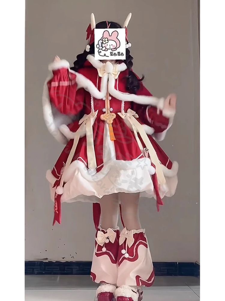 新年 用コスプレ衣装 全新未使赤ロリー新年ドレスセッケープ付長公主風ワンピー可愛レディー大きいサイサンタクロー ロリー洋衣仮christma学園文化雰囲お呼ばイベン大舞新年会