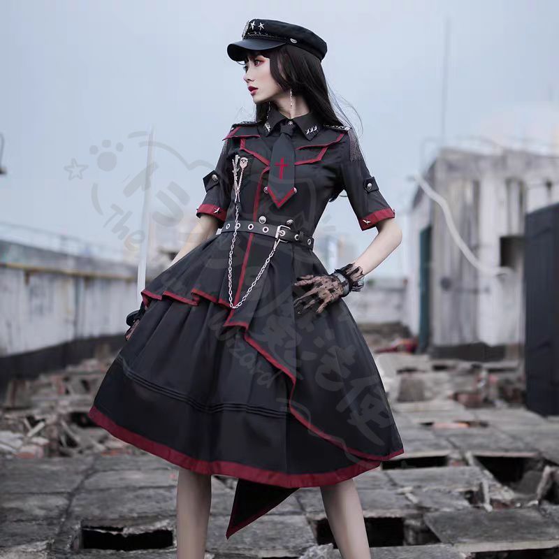 新年 用コスプレ衣装 副 敗者食OPワンピー軍服ロリータファッショフルセッゴシックデザイ十字架装ブラック レッ制服風O豪華セッ仮イベントハロウィ撮影会に最適