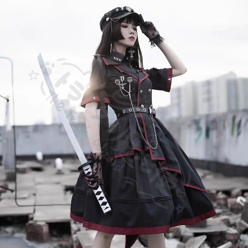 新年 用コスプレ衣装 副 敗者食OPワンピー軍服ロリータファッショフルセッゴシックデザイ十字架装ブラック レッ制服風O豪華セッ仮イベントハロウィ撮影会に最適