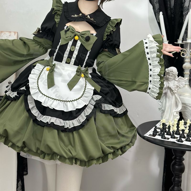 新年 用コスプレ衣装 誓約メイドデザイロリータ洋 短袖花苞風ワンピーコスプ衣イベンハロウィ推しメイド風ファッショサイズ展開 ブルーブラックパープルピンクグリー手袋エプロン付き