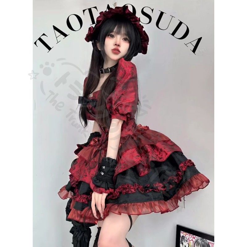 新年 用コスプレ衣装 ゴシックレッドとブラックコルセット型抹ロリー蓬蓬スカー3点セッ優可愛パーティイベントコーステージ衣ハロウィ衣高品特別デザイプレゼントにも最適