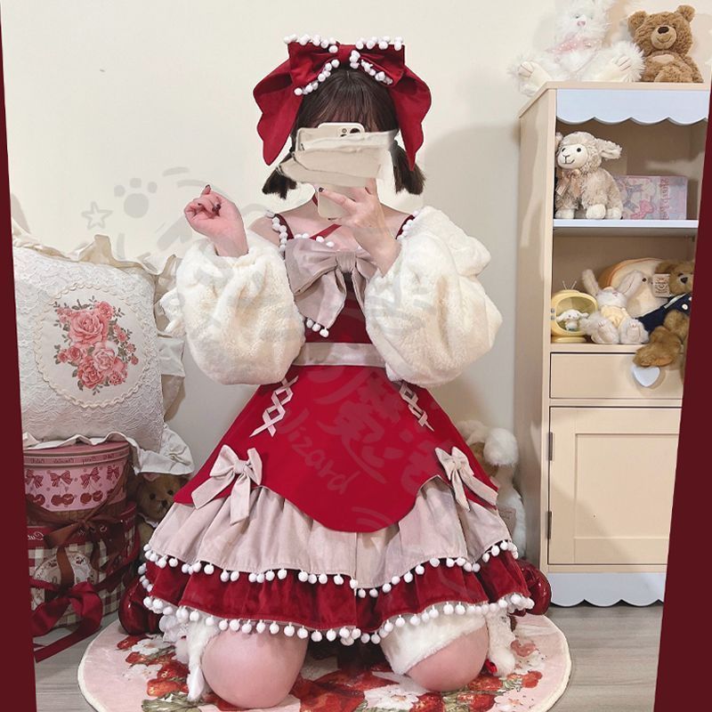 新年 用コスプレ衣装 オリジナルデザイlolitジャンパースカー 告白函数JSKシリーズ初雪 蜜桃 魔女 桜桃冬フリル＆大きなリボン付美しい装 ゴスロリースタイ撮影パーティ 仮冬イベントプレゼントにも最適