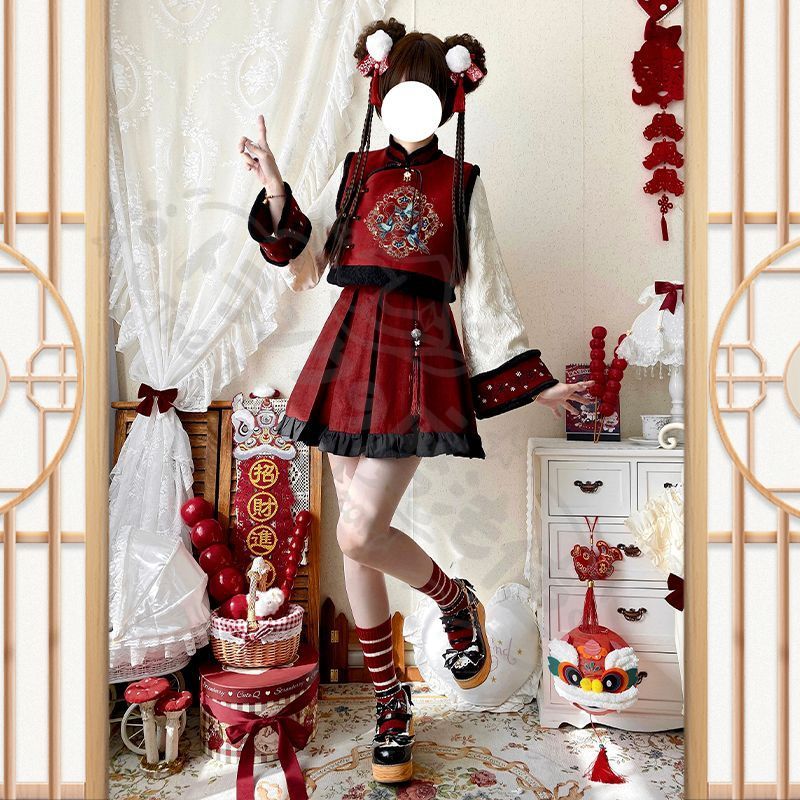 新年 用コスプレ衣装 冬ロリータドレJSK吊りスカー多層レース＆リボン装ドール甘ロ豪華デザイ撮影会推し活イベントプレゼントにも最適