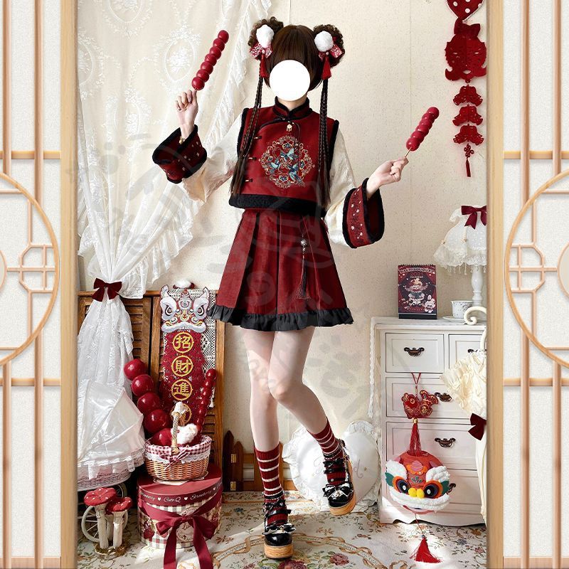 新年 用コスプレ衣装 冬ロリータドレJSK吊りスカー多層レース＆リボン装ドール甘ロ豪華デザイ撮影会推し活イベントプレゼントにも最適