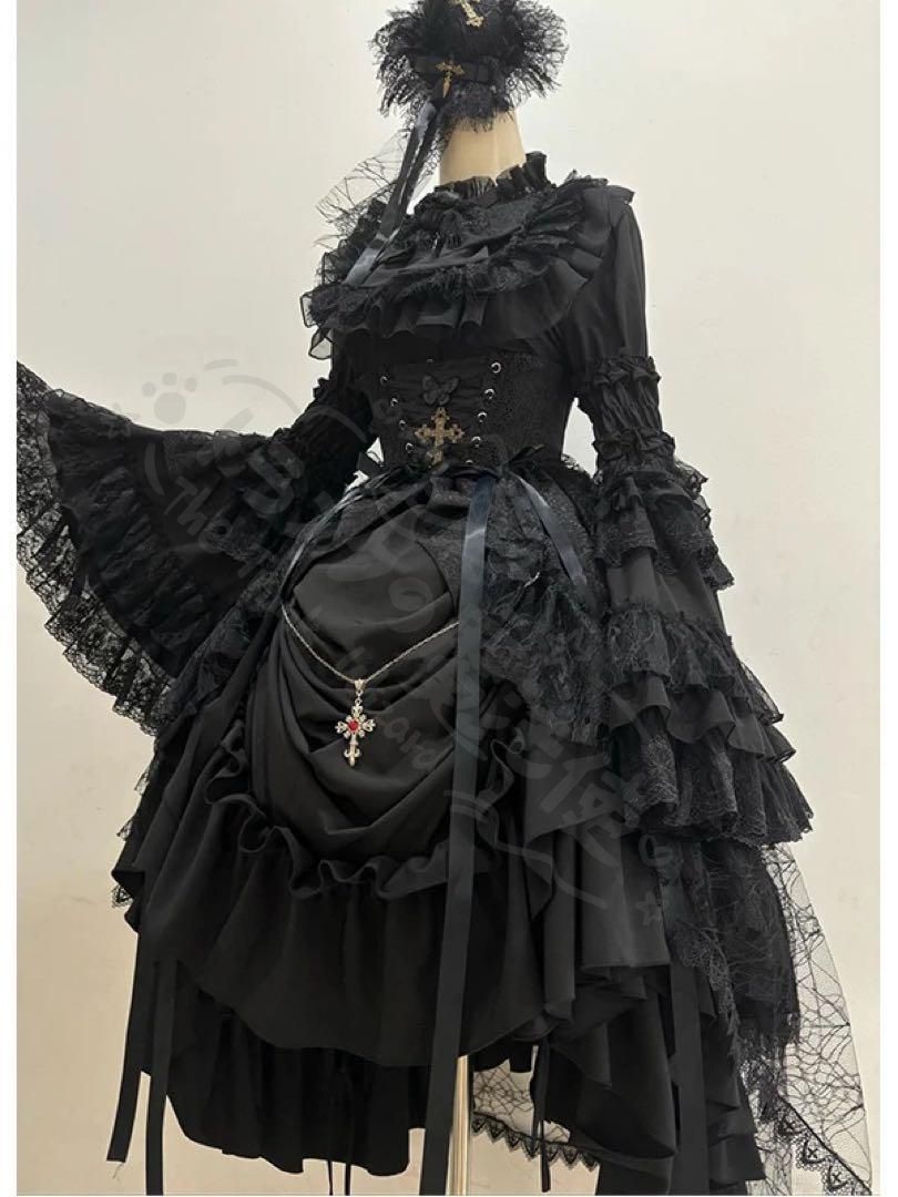 新年 用コスプレ衣装 黒ゴスロロリータ3点セッゴシッスカー姫袖ブラウウエストカバー