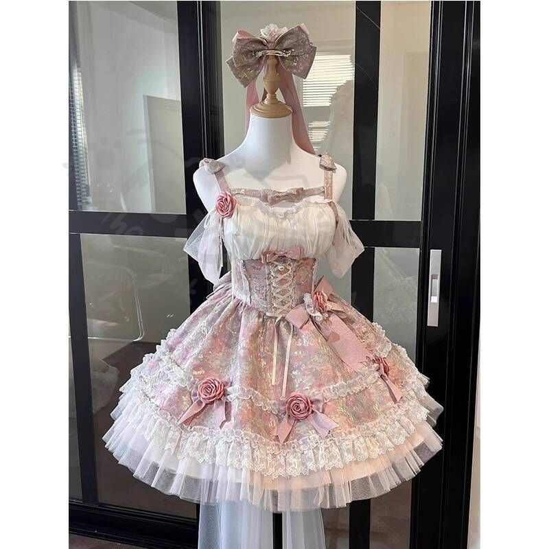 新年 用コスプレ衣装 夏季新フランス森系プリンセスドレロマンチックな初恋フリル付きロリータドレショートスカーピンク|ブル蝶結びデザイン