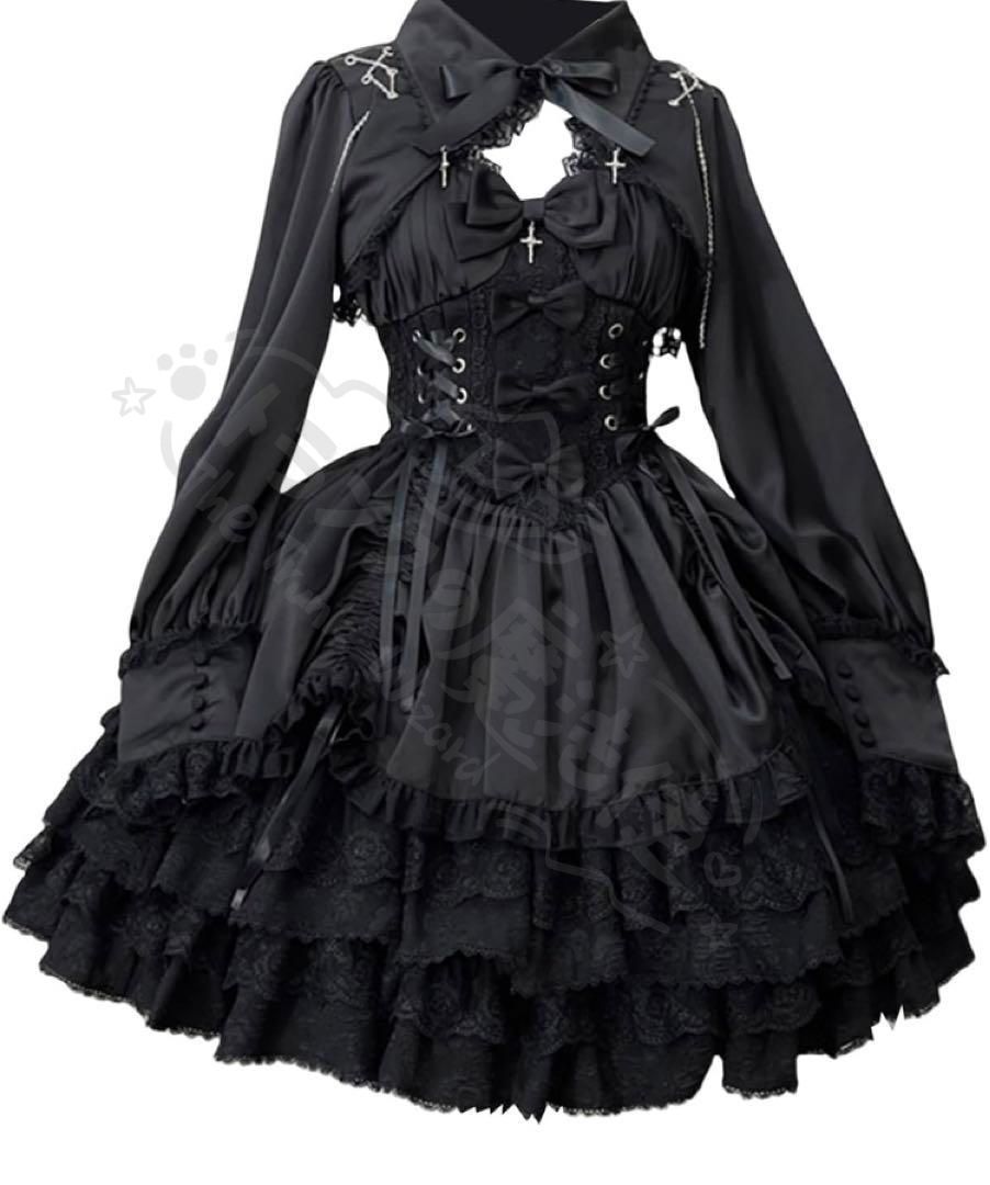 新年 用コスプレ衣装 韓嬢 ゴスロリドレロリィセットアップ地雷系ゴシックロリータフリル付き黒