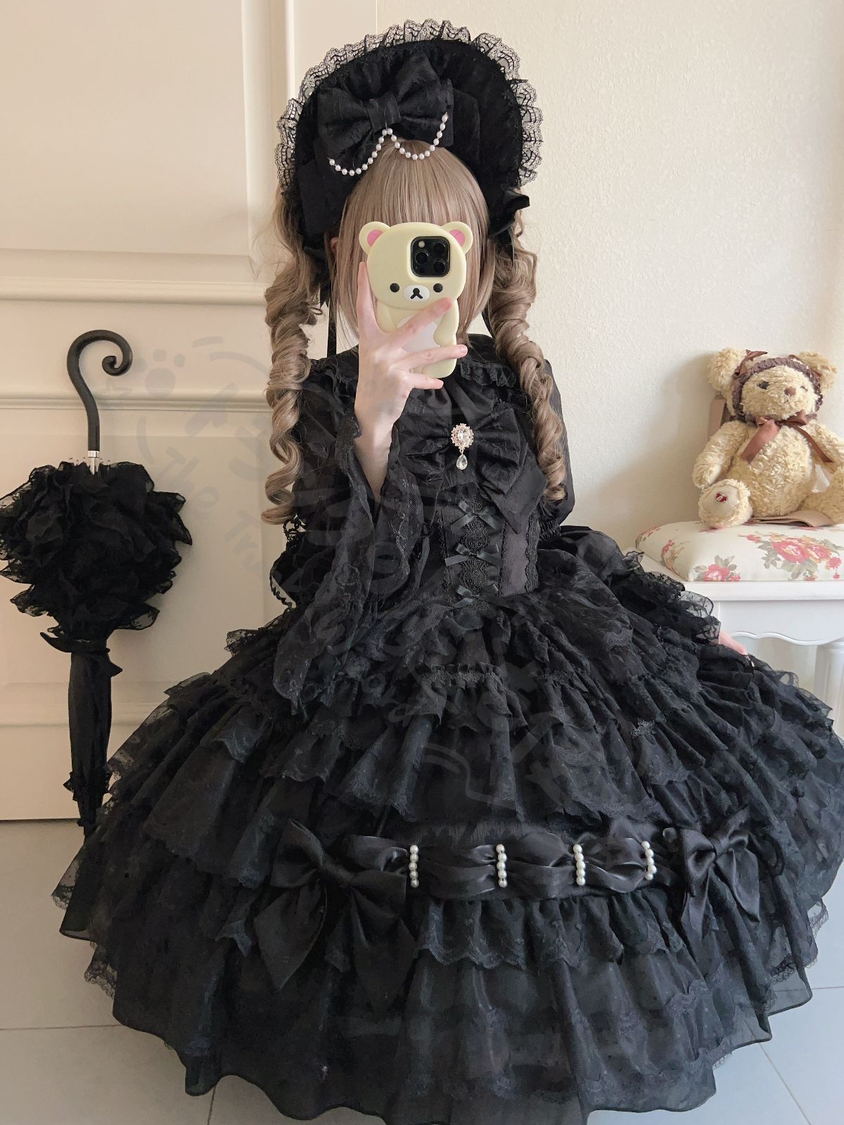 新年 用コスプレ衣装 冬ロリータドレJSK吊りスカー多層レース＆リボン装ドール甘ロ豪華デザイ撮影会推し活イベントプレゼントにも最ブラック