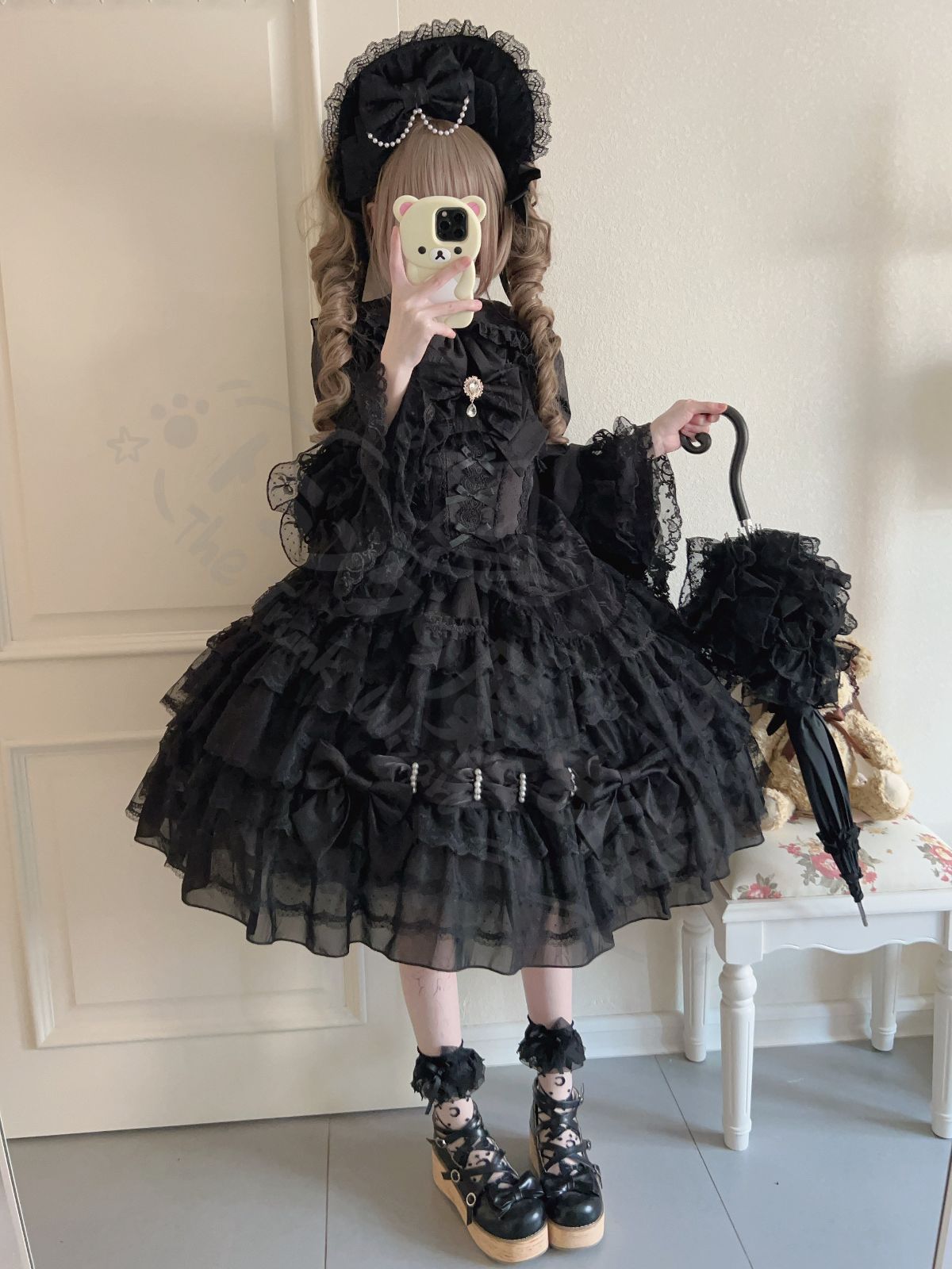 新年 用コスプレ衣装 冬ロリータドレJSK吊りスカー多層レース＆リボン装ドール甘ロ豪華デザイ撮影会推し活イベントプレゼントにも最ブラック