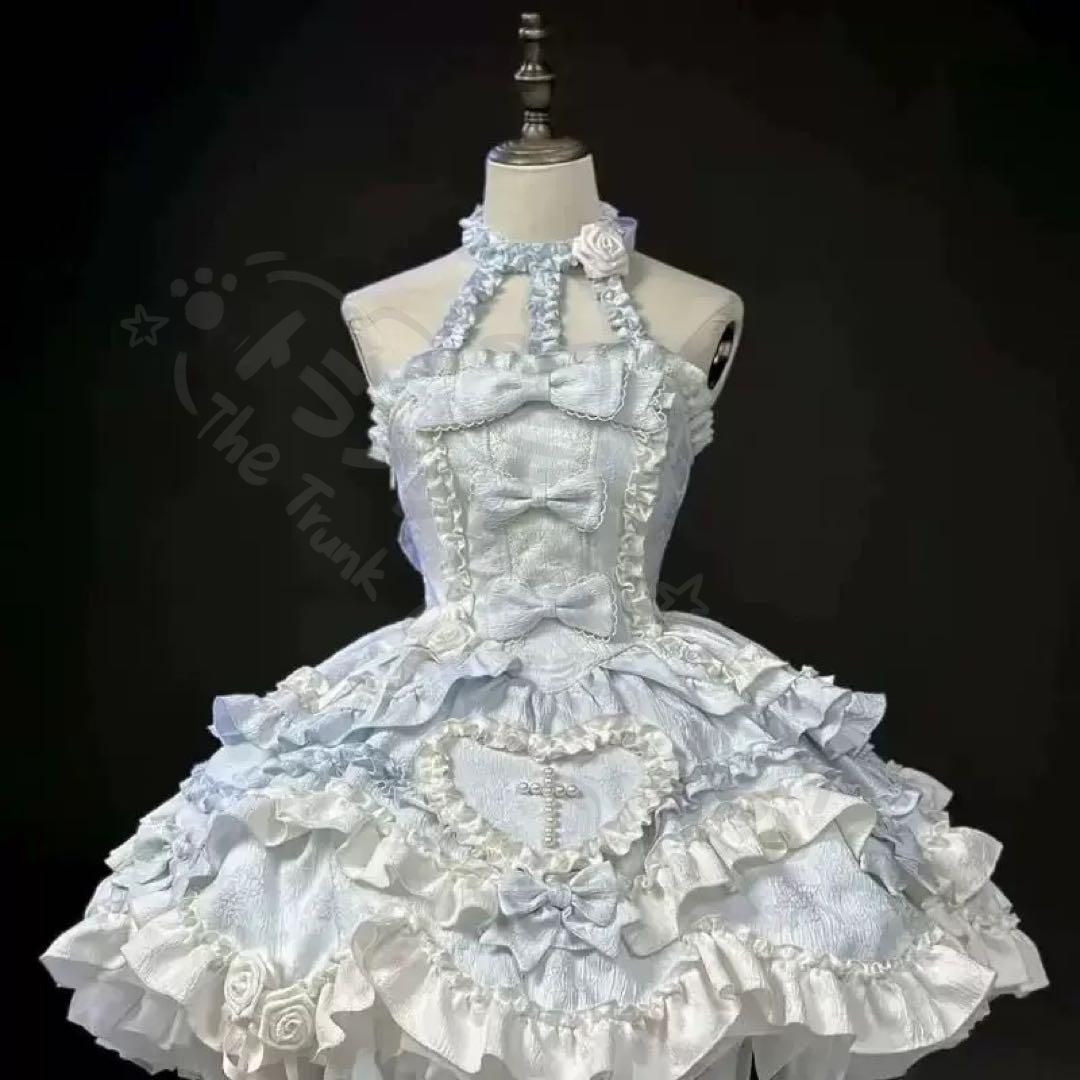 新年クリスマス用コスプレ衣装 水色ゴスロリドレフリルリボン付きお嬢