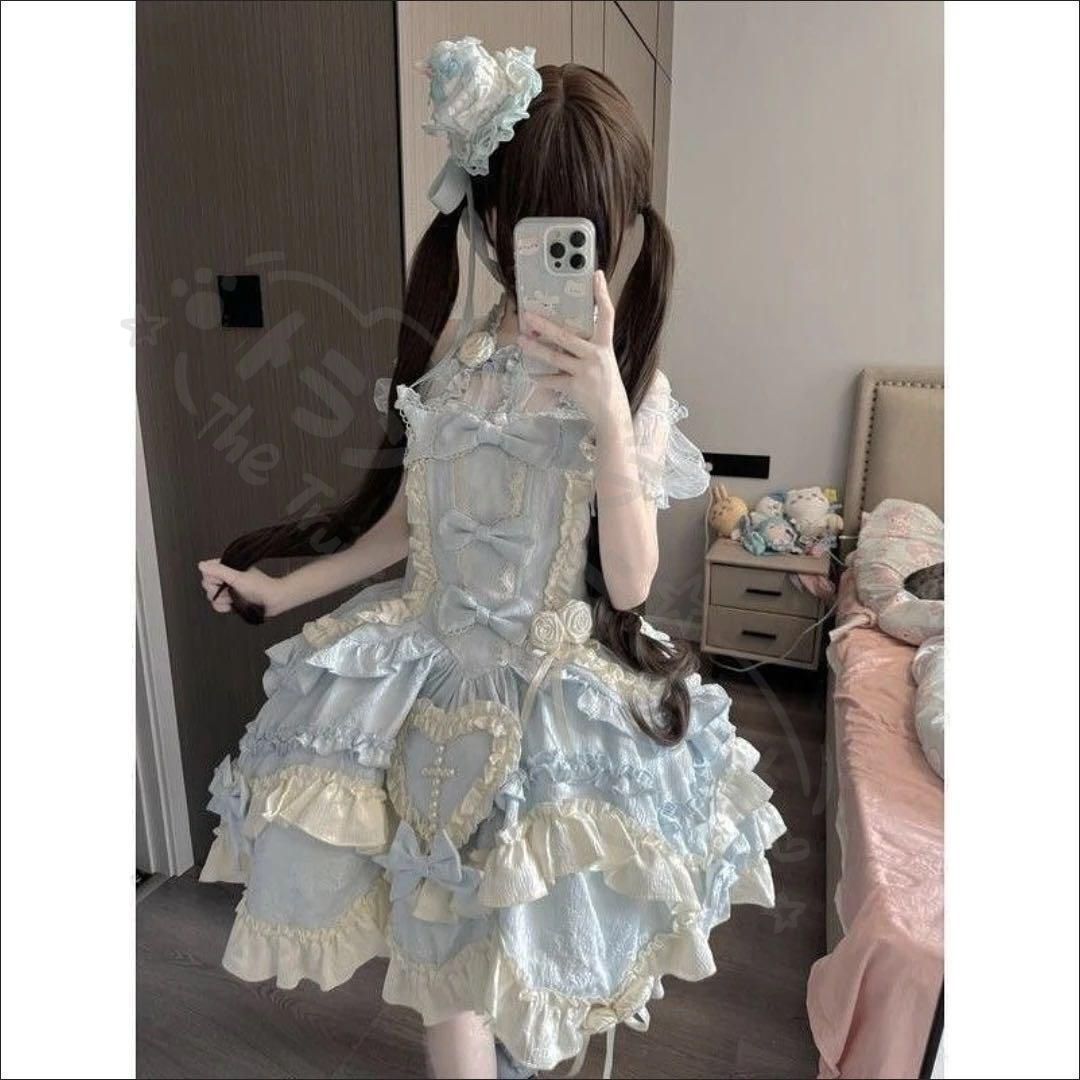 新年クリスマス用コスプレ衣装 水色ゴスロリドレフリルリボン付きお嬢