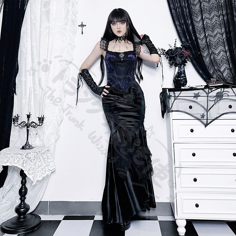 用コスプレ衣装 暗黒系ゴシックデザイセットアッ魚尾シルエットロングスカート