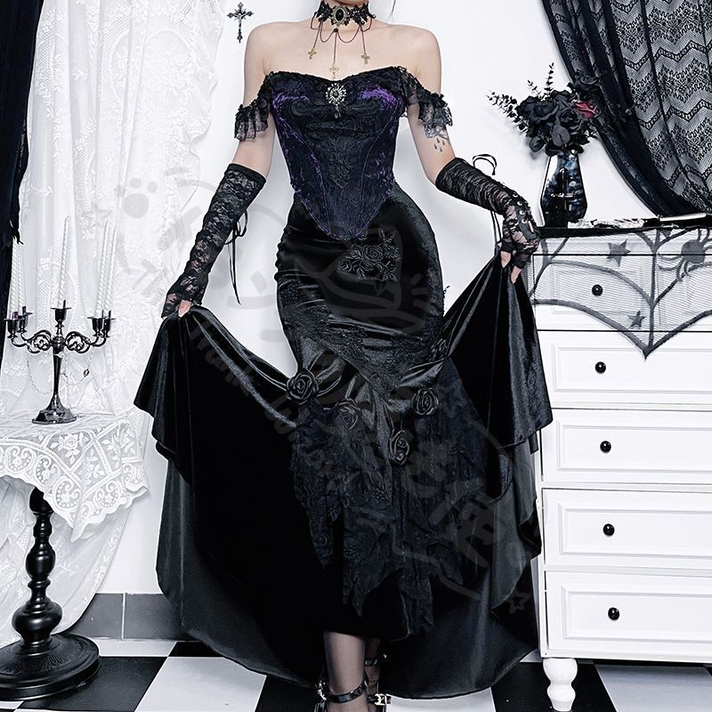 暗黒系ゴシックデザイセットアッ魚尾シルエットロングスカート