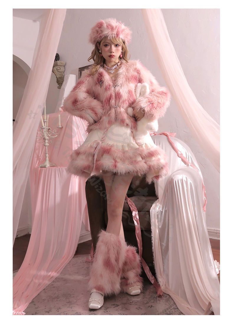 新年 用コスプレ衣装 秋冬新ピンク毛皮風コート ジャンパースカーふわふわ甘ロ二点セッかわいい少女感