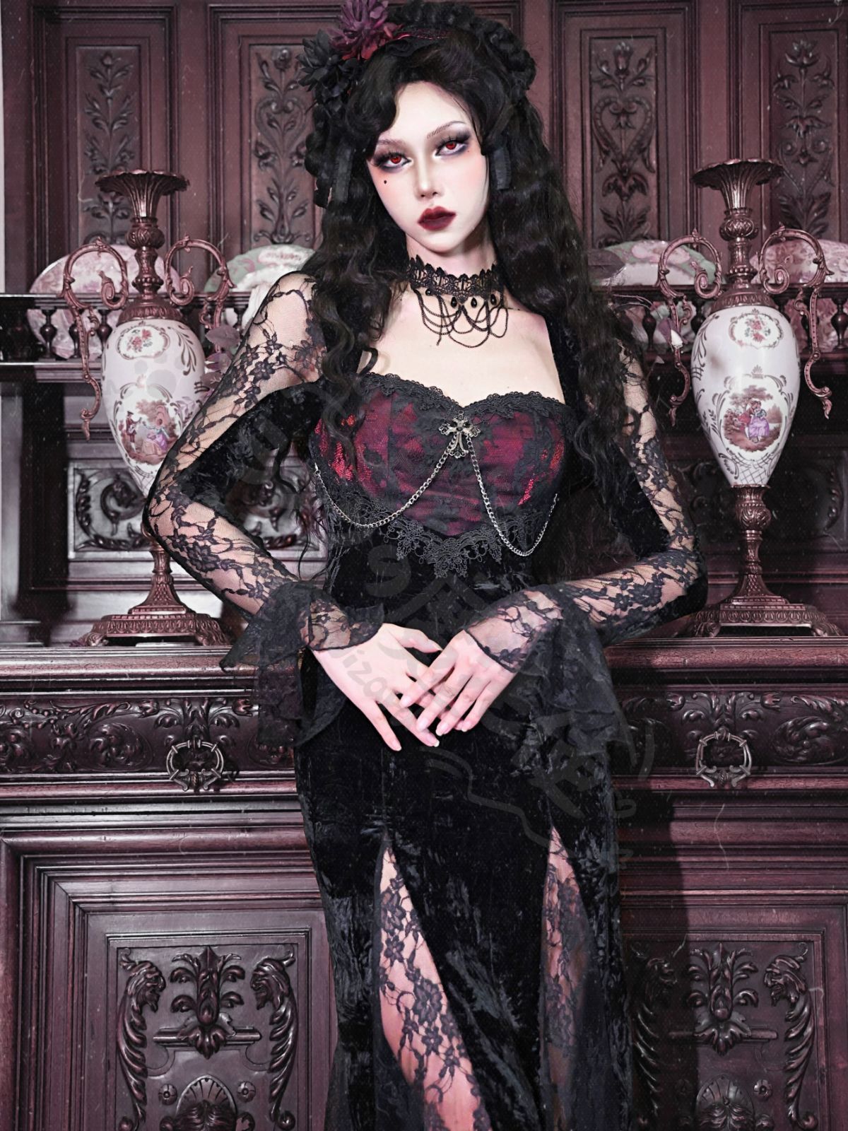 新年 用コスプレ衣装 ゴシックロリー オリジナルデザイ豪華ブラックベルベットレースワンピー長袖魚尾ロングドレダークロマンチッゴスロ黒ワン撮影イベントプレゼン仮コスプ