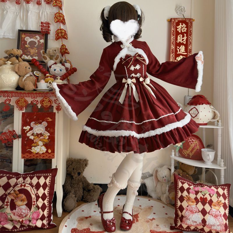 新年 用コスプレ衣装 冬季暖かロリータ洋新年特別デザイジャンパースカー吊り帯付きドレ2点セッ女の子向おしゃ可愛優韓国コスプ撮影発表イベン推し高品質