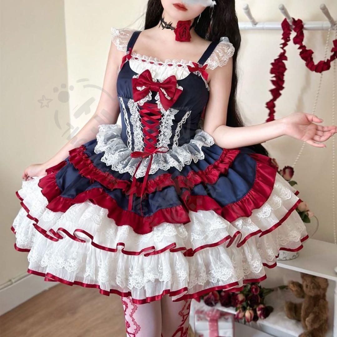 新年 用コスプレ衣装 ゴスロロリータドレ宮殿リボ姫ティアードスカー地雷系メイド衣装