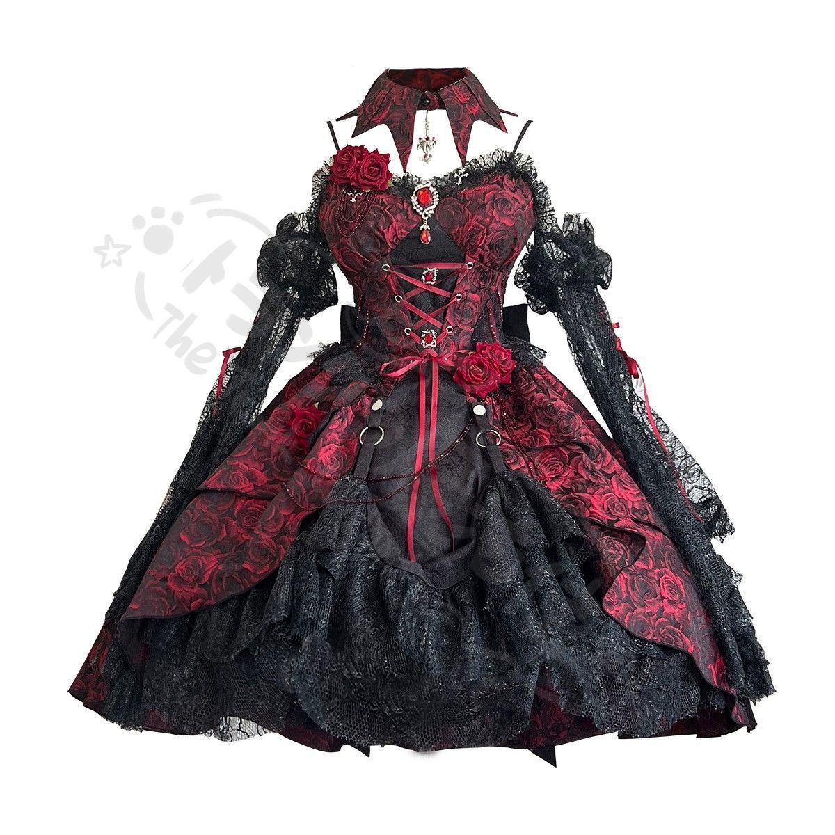コスチューム・コスプレ 新年クリスマス用コスプレ衣装 オリジナルデザイ瑰jsロリータドレ黒ジャカード暗黒ゴシックスタイ吊りスカー（取り外し可能な袖とネックレス付き） CCJS1202P347