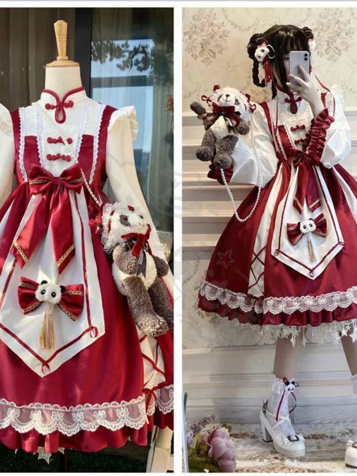 新年 用コスプレ衣装 ロリータドレ中華パンダチャイナドレス風ロングスリーブLolitaワンピー写真款 スカートサポート コートや 含まず