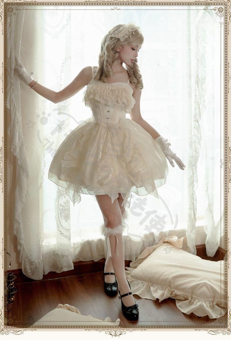 新年 用コスプレ衣装 腰部ソフトフィッシュボー生成色JSサマードレリボン付クラシカルロリー プリンセス風ワンピー胸元フリル＆裾広が調整 なストラップ