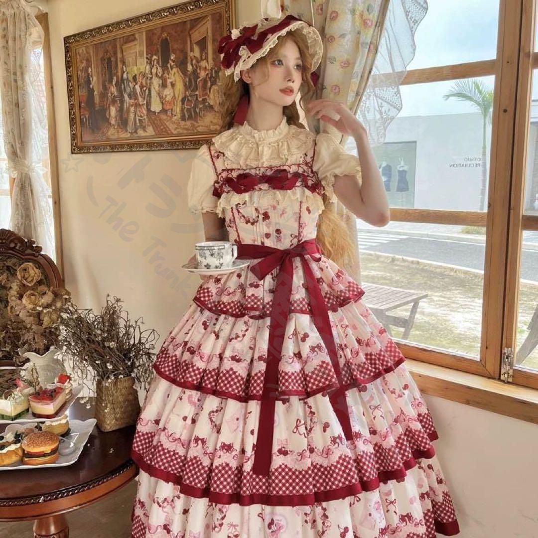 新年 用コスプレ衣装 赤チェリロリータスカーjs春夏ロングワンピー可愛日常田園風