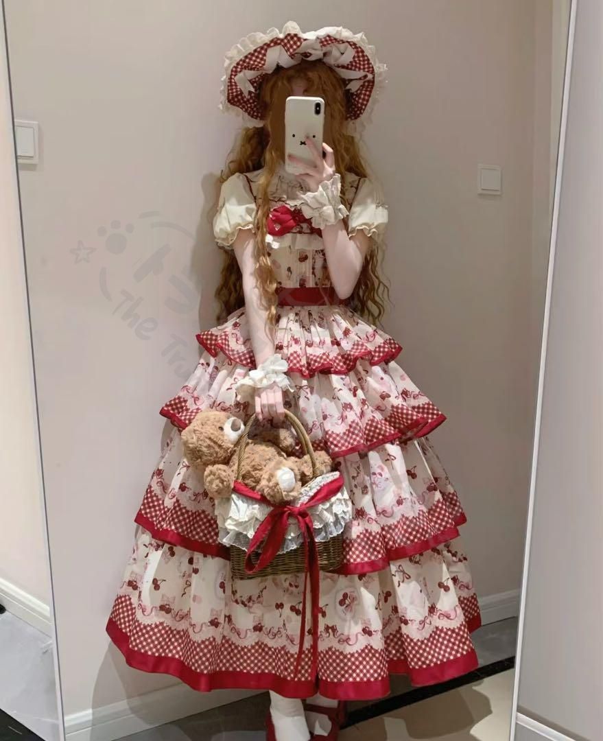 新年 用コスプレ衣装 赤チェリロリータスカーjs春夏ロングワンピー可愛日常田園風